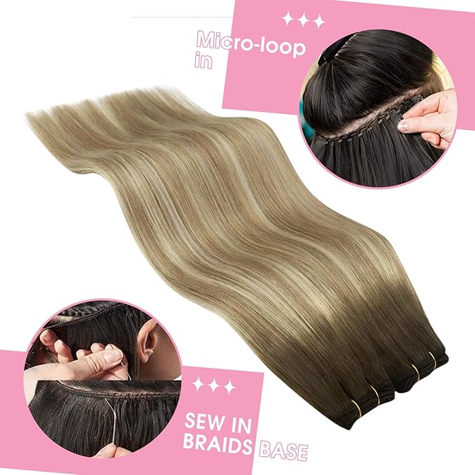 YoungSee Human Hair Weft Extensions Walnut Brown Ombre Light Brown with Blonde Sew in Hair Extensions Balayage Hair Extensions Weft for Natural Look 18Inch 100G