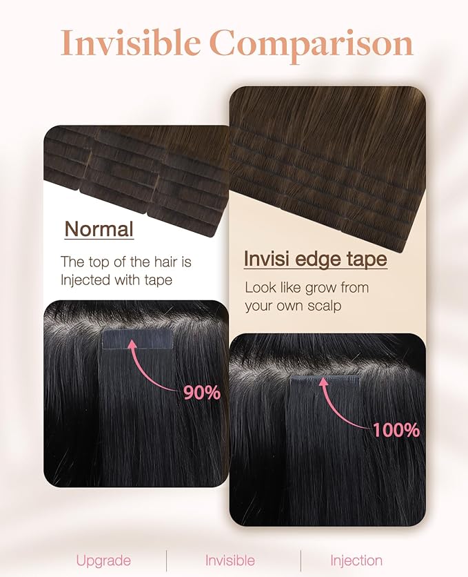 GOO GOO Invisi Edge Tape in Hair Extensions Human Hair, 4/18 Balayage Chocolate Brown Highlighted Dirty Blonde 10pcs injected with 10pcs classical tape ins, 16inch 50g, Virgin Remy Hair, Natural Look