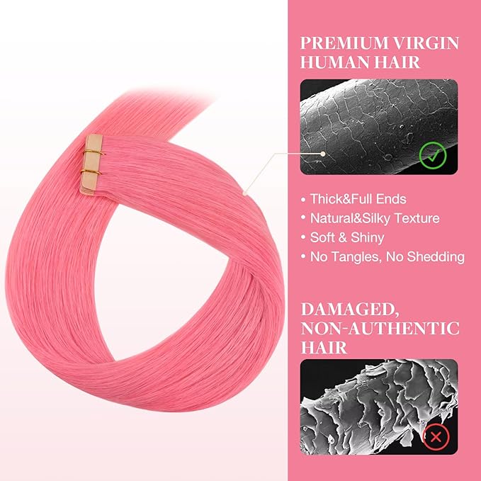 GOO GOO Tape in Hair Extensions Human Hair, Light Pink, 22inch 30g 10pcs, Colored Tape ins Human Hair Extensions, Silky&Soft Invisible Tape Ins, Hair Highlighted for Party