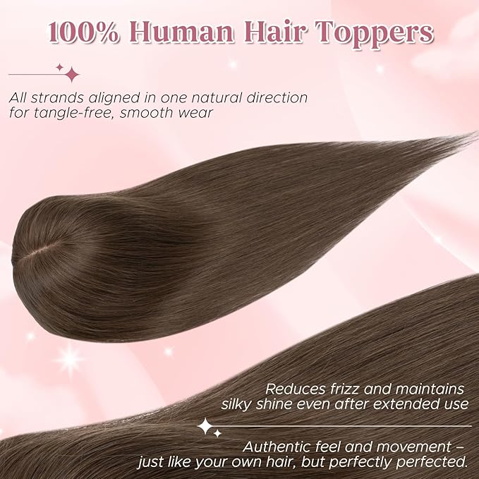 Real Human Hair Toppers for Women 3.54"*4.72" Silky Base 150% Density No Bangs Adjustable Parting Clip-In Topper Hairpieces for Women with Thinning Hair 14 Inches Natural Brown