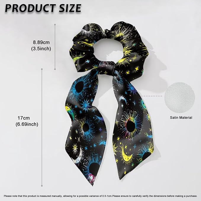Star Sun Moon Hair Scrunchies with Ribbon Black Bow Hair Ties for Women Girls Fashion Scraf Scrunchy No Damage Pack of 2