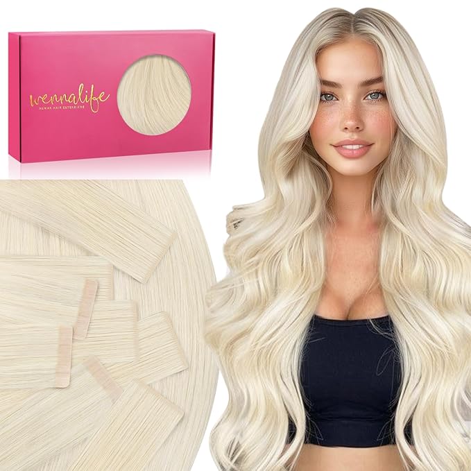 WENNALIFE Invisi Edge & Classic Tape in Hair Extensions Human Hair, 16 Inch 50g 20pcs(10pcs Invisi Edge & 10pcs Classic) Platinum Blonde Invisible Luxury Remy Hair Natural Seamless Injected Tape Ins