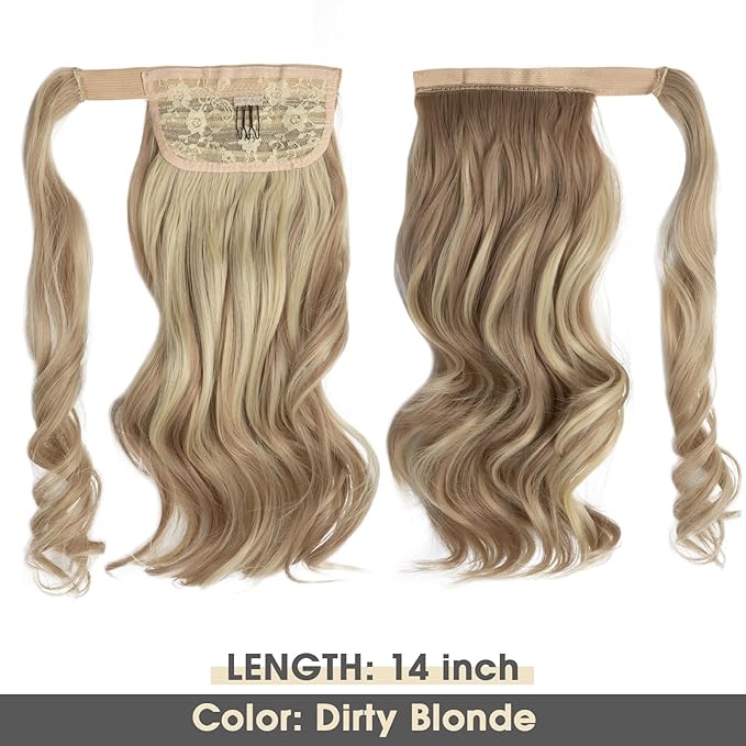 CJL HAIR 14" Short Ponytail Hair Extension Wrap Around Pony Tail Clip in Curly Wavy Synthetic Fake Hairpiece for Women Dirty Blonde