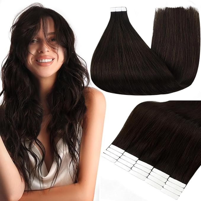 Full Shine Tape in Extensions Color 2 Dark Brown Invisible Fashion Double Sided Tape Ins Human Hair Extensions 24 Inch Natural Seamless Skin Weft Remy Extensions 20PCS 50 Grams for Women