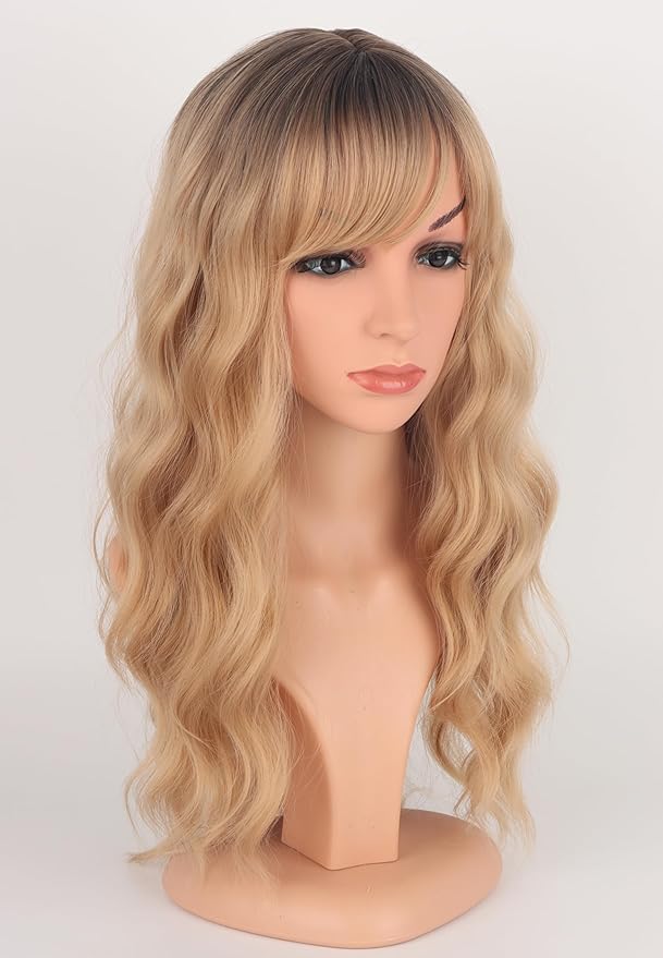 Medium Long Blonde Wavy Wigs For Women Synthetic Full Hair Blonde Wigs With Bangs For Daily Use (Blonde)