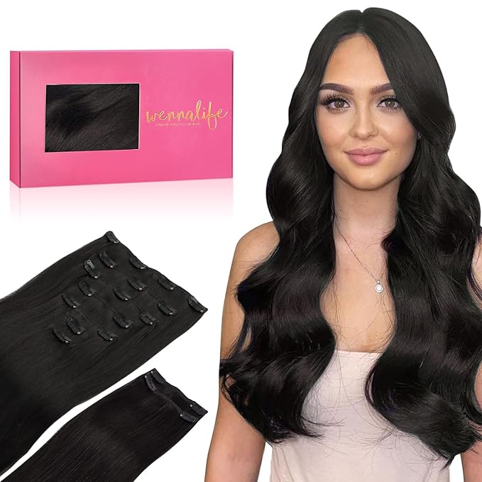 WENNALIFE Clip in Hair Extensions, 150g 16 Inch 9pcs Natural Black Human Hair Extensions Thicker Clip in Hair Extensions Real Human Hair Clip Set Double Weft