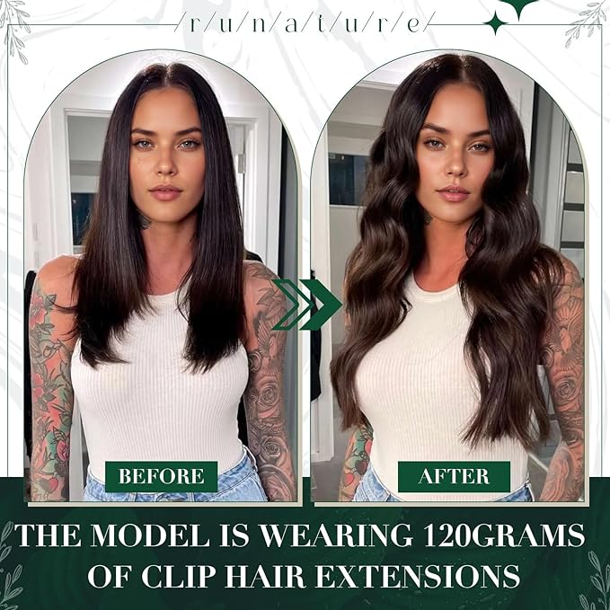 RUNATURE Black Clip in Hair Extensions Real Human Hair, Remy Hair Extensions Clip Ins, Double Weft Human Hair Clip in Extensions for Women, Add Hair Length, 18 Inch 50g 3pcs #1B Off Black