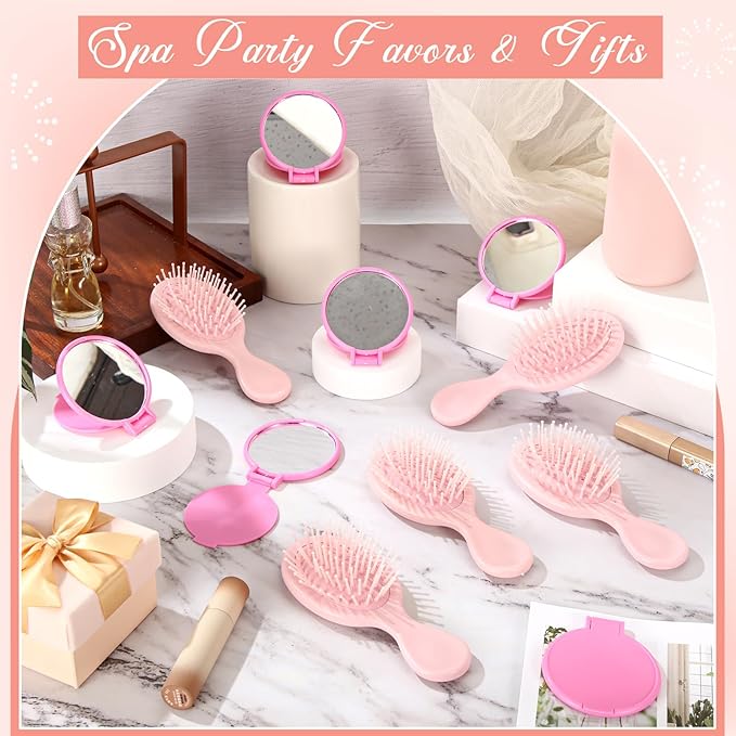 Meanplan 24 Pcs Mini Hair Brush Set 12 Travel Wet Dry Hair Combs Pocket Detangling 12 Compact Folding Makeup Mirrors for Spa Sleepover Birthday Bridal Shower Bachelorette Christmas Party Gift (Pink)