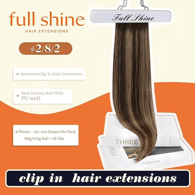 Full Shine Hair Clip in Extensions 20 Inch Invisible Clip in Hair Extensions Balayage Ombre Dark Brown to Light Brown with Honey Blonde Thick Ends 8 PCS 120 Grams