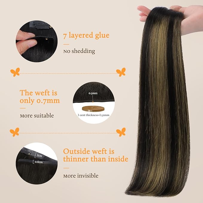 DOORES Real Human Hair Extensions, Natural Black & Mixed Chestnut Brown, 110g, 7pcs, 14 Inch, Seamless Clip In, Straight, Invisi Edge