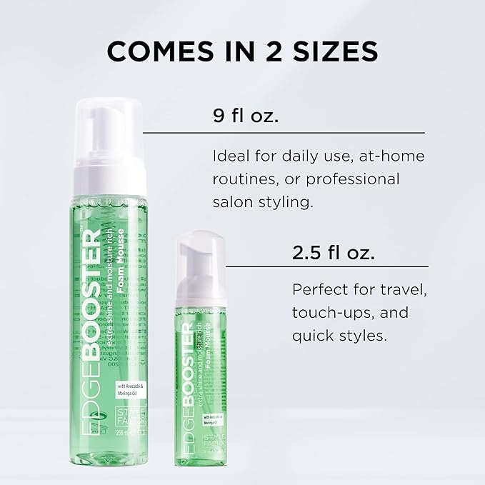 Style Factor EDGE BOOSTER Extra Shine & Moisture Rich Foam Mousse | Lightweight Styling for Curls, Waves, Braids & Locs | Volume & Shine | with Elderberry & Flaxseed Extract | 9 fl oz