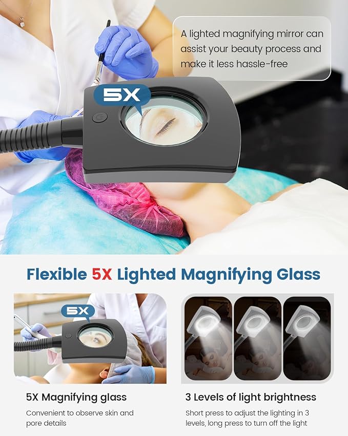 Kingsteam Facial Steamer & 5X Magnifying Lamp Combo, Professional Esthetician Equipment: Adjustable Nano Mist, Deep Pore Cleansing, Blackhead Remover, Acne Treatment Ozone Steamer (60 Min Timer),Black