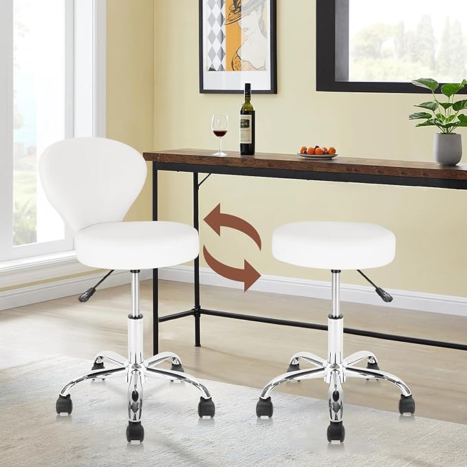 Set of 2 PVC Faux Leather Rolling Swivel Salon Stool Chair with Back Support Adjustable Hydraulic Seat Height 22 in Diameter 15 Inch for Facial Spa Medical Tattoo Beauty Barber White 2 Pack