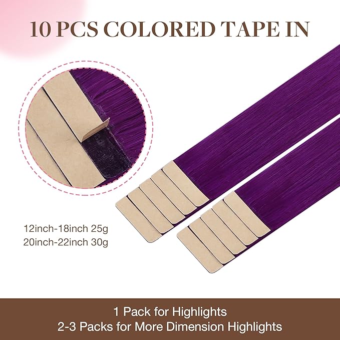 GOO GOO Tape in Hair Extensions Human Hair, Purple, 16inch 25g 10pcs, Colored Tape ins Human Hair Extensions, Silky&Soft Invisible Tape Ins, Hair Highlighted for Party