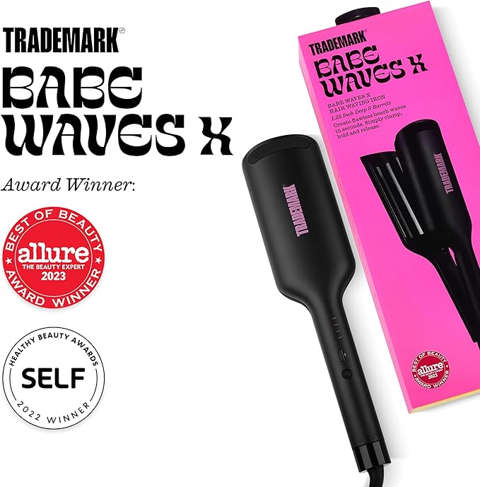 Trademark Beauty Hair Waver - Double Barrel Hair Crimper, Beach Waves Curling Iron, Babe Waves X, Adjustable Temperature Hair Curler, Hair Styling Tools, 1.25" - Black