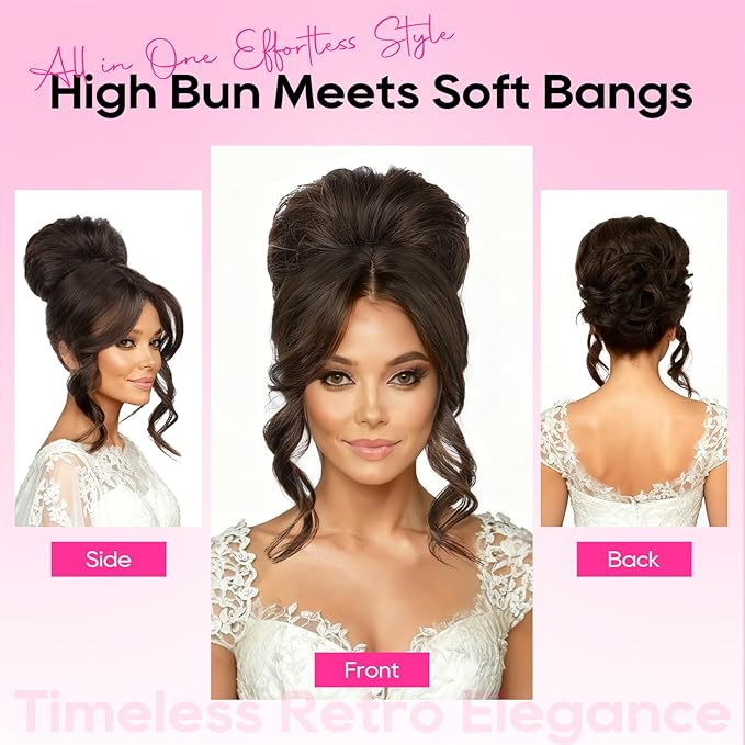 REECHO Messy Bun Hair Piece with Bangs – 2-in-1 Drawstring Ponytail Extension Updo Wig & Hair Topper with Long Side Bangs, Natural-Looking Hair Bun Hairpieces for Women - Chocolate Brown