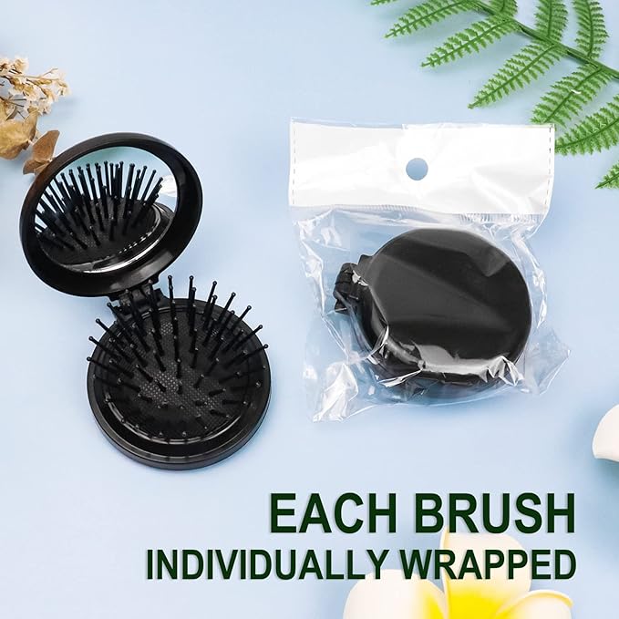 Mini Folding Hair Brush with Mirror - 50 Pack Pocket Travel Brush for Girls, Black