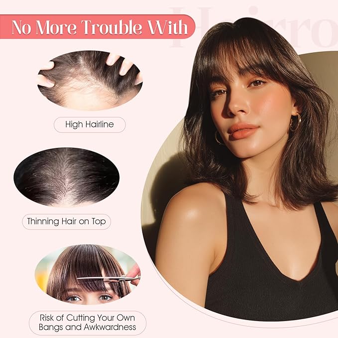 Hairro Mono Hair Toppers with Bangs, 3.4" x 3.4" Mono Base 100% Real Human Hairpieces for Women, 150% Density Clips In Topper for Greyish Thinning Hair, 16 Inch Medium Brown Mix Dark Blonde