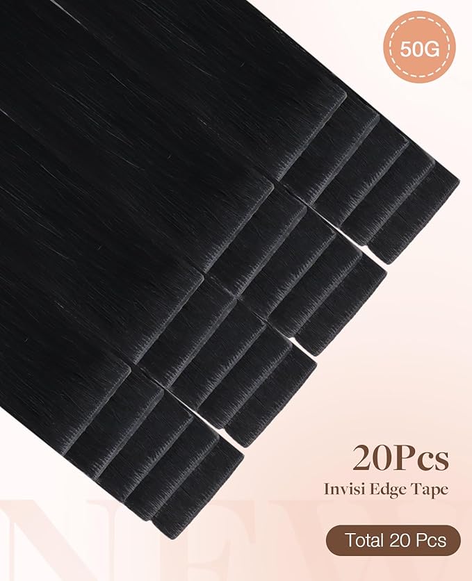 GOO GOO Invisi Edge Tape in Hair Extensions Human Hair, 1 Jet black 20pcs 24inch 50g, Virgin Remy Hair, Seamless Injected Tape, Natural Look