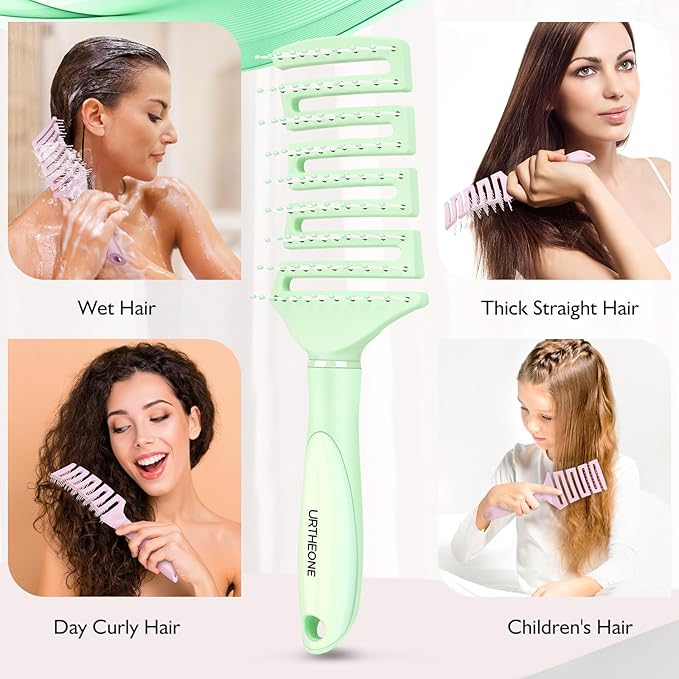 Hair Brush, Curved Vented Detangling Hair Brushes for Women Men Wet or Dry Hair,Faster Blow Drying Styling Professional Paddle Vent detangler brush (Light Green)