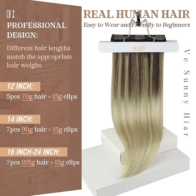 Ve Sunny Clip in Hair Extensions Long Straight Human Hair Clip in Extensions Ombre Real Hair Clips Extensions for Women Dark Brown Ombre Golden Blonde Mix Light Blonde Soft Silky 7pcs 120g 22inch