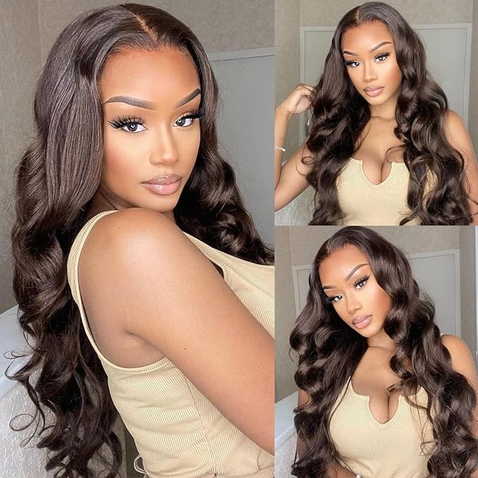 2X6 SKINLIKE HD Lace Closure Wigs Human Hair, Chocolate Brown Lace Front Wig, Body Wave Human Hair Wig Pre-Plucked Bleached Knots 250% Density HD Lace Closure Wigs 28 Inch