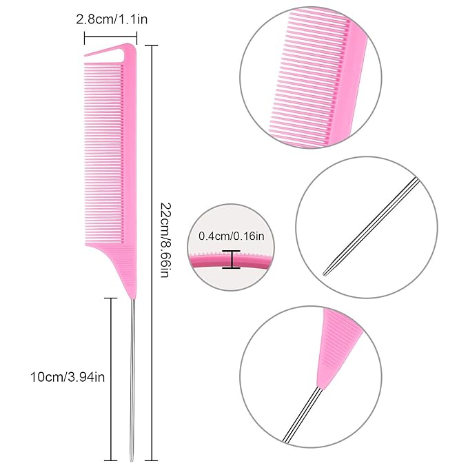 Patelai 30 Pieces Rat Tail Combs Bulk, Hair Teasing Fine Tooth Pintail Combs Braiding Hair Styling Tools with Steel Pin for Stylists Salon Teasing Sectioning Coloring Detangling(Pink)