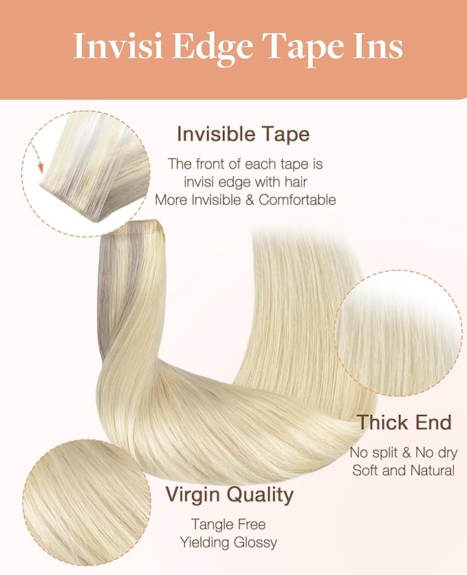GOO GOO Invisi Edge Tape in Hair Extensions Human Hair, 17/22/60 Balayage Ash Blonde to Golden Blonde and Platinum Blonde, 20pcs 18inch 50g, Virgin Remy Hair, Seamless Injected Tape, Natural Look