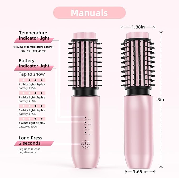 CARESKY® Cordless Curling Iron Brush, 1.5 Inch Mini Travel Hair Curler with 200 Million Negative Ions, Portable Heated Round Straightener Brush Rechargeable for Curl, Touch-Up, De-Frizz, Styling