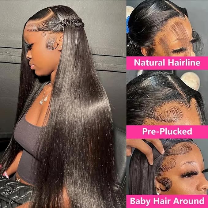 sdamey 360 Straight Lace Front Wigs Human Hair HD Transparant Full Lace Wigs For Women 200 Density Wigs Human Hair Pre Plucked With Baby Hair 12A Brazilian Virgin Hair Natural Color 24inch