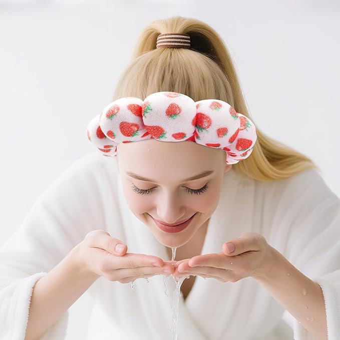 Zkptops Spa Headband for Washing Face Wristband Set Sponge Makeup Skincare Velvet Fabric Bubble Soft Get Ready Hairbands for Women Puffy Pink Headwear Non Slip Thick Thin Hair Accessory (Strawberries)
