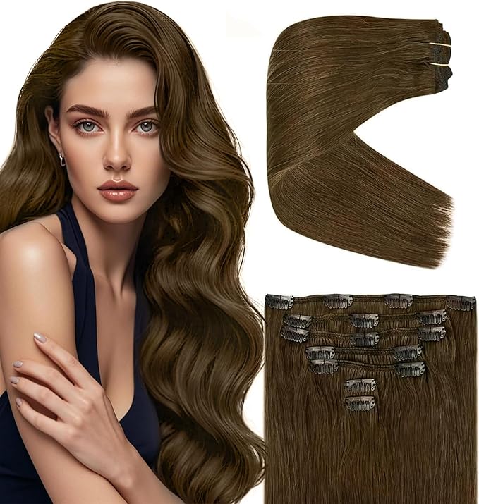 Ve Sunny Brown Hair Extensions Clip in Real Human Hair 20 inch Double Weft Remy Straight Human Hair Extensions Clip ins for Women 7pcs 120g