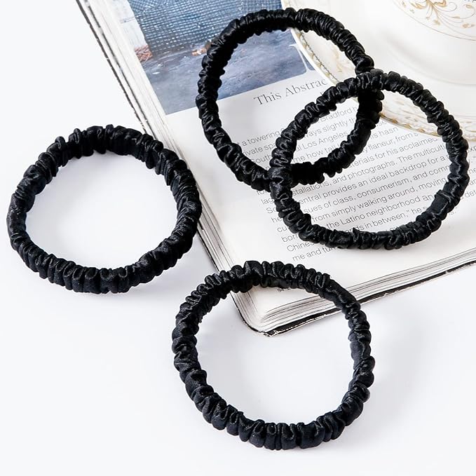 Mulberry Silk Skinnie Scrunchies Set in Black - 100% Pure 19 Momme, Luxurious Elastic Hair Ties for Women (4 Pack)