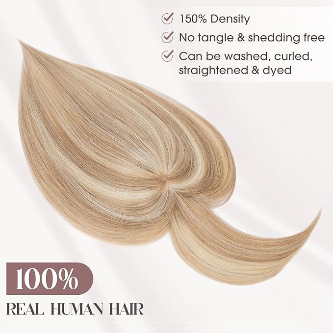 MY-LADY Human Hair Toppers for Women Real Human Hair with Bangs Thin 8.5 * 8.5CM Mono Base Clip in Remy Hairpieces Light Weight 14 Inch Golden Brown Mixed Bleach Blonde