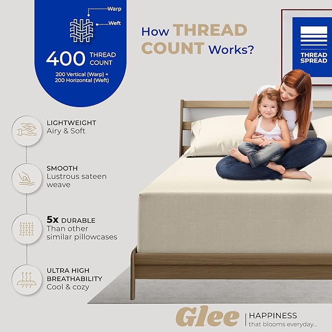 THREAD SPREAD 100% Cotton Pillowcases Standard/Queen Size Set of 4-400 Thread Count Cotton Pillowcases, Ultra Soft Cool Sateen Weave Pillow Cases for Sleeping, Set of 4 Pillow Covers (Ivory)