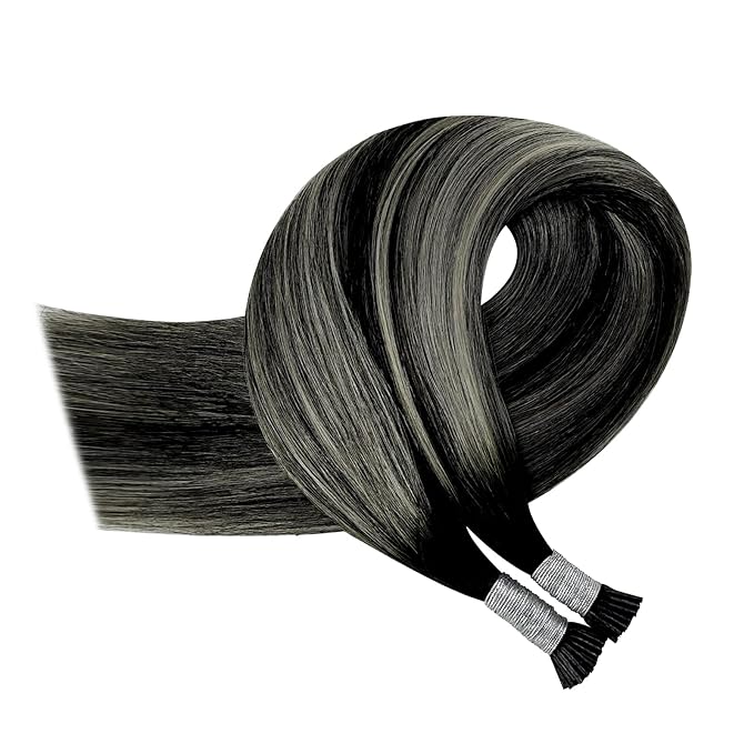 YoungSee I Tip Hair Extensions Balayage Black Itips Hair Extensions Human Hair Ombre Black with Silver Itip Hair Extension Real Human Hair 18 Inch Itip Extension 60s 50g for Photo Shoots