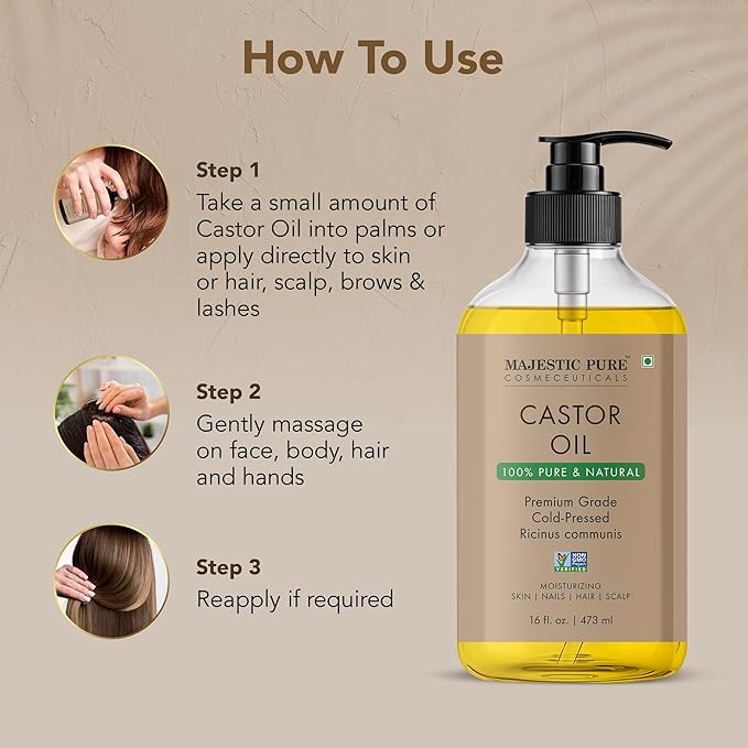 Majestic Pure Castor Oil - 100% Pure & Natural - Premium Grade, Cold Pressed, Hexane Free - Hair, Eyelashes, Eyebrows, Nails - Moisturizing & Nourishing - 16 Fl Oz