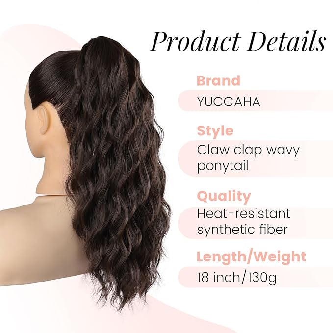 Ponytail Extension, 18 Inch Claw Clip Ponytail Extensions Wavy Ponytail Hair Extension for Women Fluffy Natural Synthetic Jaw Clip on Pony Tails Hairpiece for Daily Use (Dark Brown)