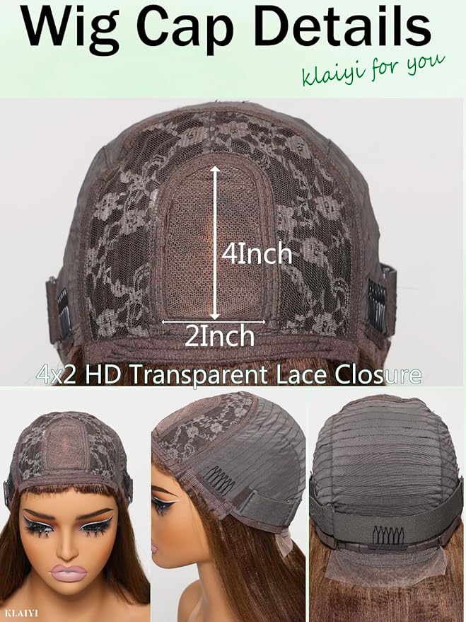 KLAIYI Brown Bob Wig Human Hair with Bangs Loose Body Wave Glueless 4x2 HD Transparent Lace Closure Chestnut Chocolate Brown with Highlight Blonde Ready to Wear and Go Beginner Wigs Pre Plucked 14Inch