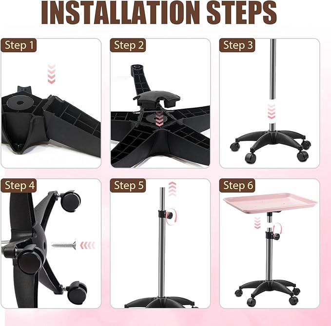 Rolling Salon Tray, Adjustable Salon Tray on Wheels, Premium Aluminum Tattoo Tray Cart for Spa Clinic, Pink