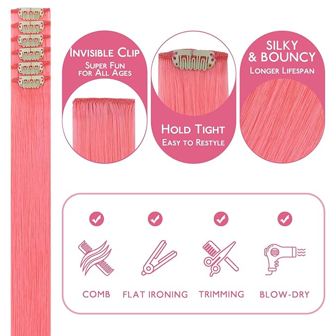 WENNALIFE Light Pink Clip in Hair Extensions Real Human Hair 35g 6pcs 24 Inch Colored Hair Extensions for Kids Women Colorful Hair Pieces Pop-up Style Straight Extensiones De Cabello Humano Con Clip