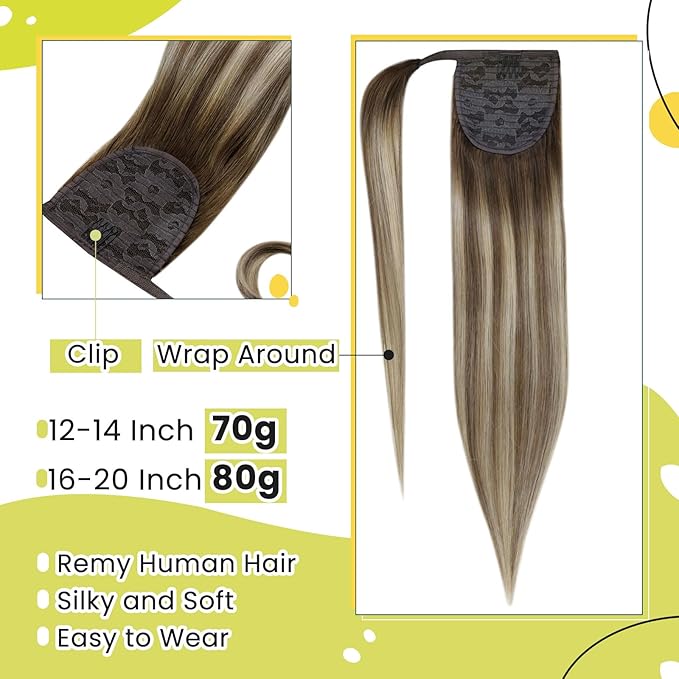 RUNATURE Human Hair Ponytail Balayage, Ponytail Extension Real Human Hair, Clip in Ponytail Hair Extensions Straight, Remy Natural Hair, Daily Wearing 16 Inch 80g #3/8/22 Walnut Brown to Light Blonde