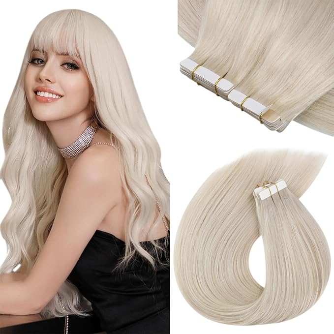 Sunny Hair Tape in Hair Extensions Human Hair 14inch Hair Extensions Real Human Hair Tape in Extensions for Women Platinum Blonde Invisible Natural Straight Skin Weft Double Sided Tape 40pcs 100g