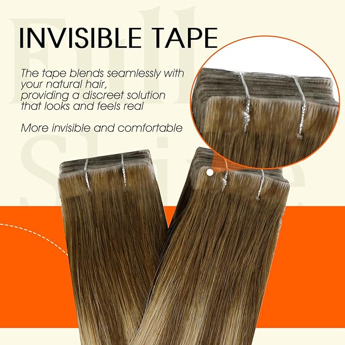 Full Shine Brown Tape In Hair Extensions Human Hair Color 4/24/4 Medium Brown Ombre Blonde Injection Human Hair Tape in Extensions 14Inch 40G 20Pcs Remy Short Hair Compatibility