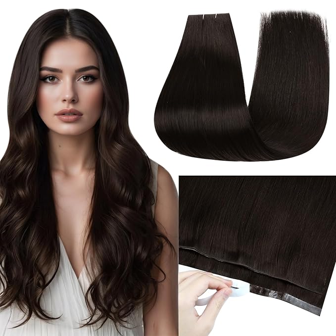 Full Shine Tape in Hair Extensions Human Hair Color 2 Dark Brown Wide Long Genius Weft Tape in Hair Extensions 18Inch One Piece Seamless Invisible Extension 50G for Women Add Volume for A Full Head