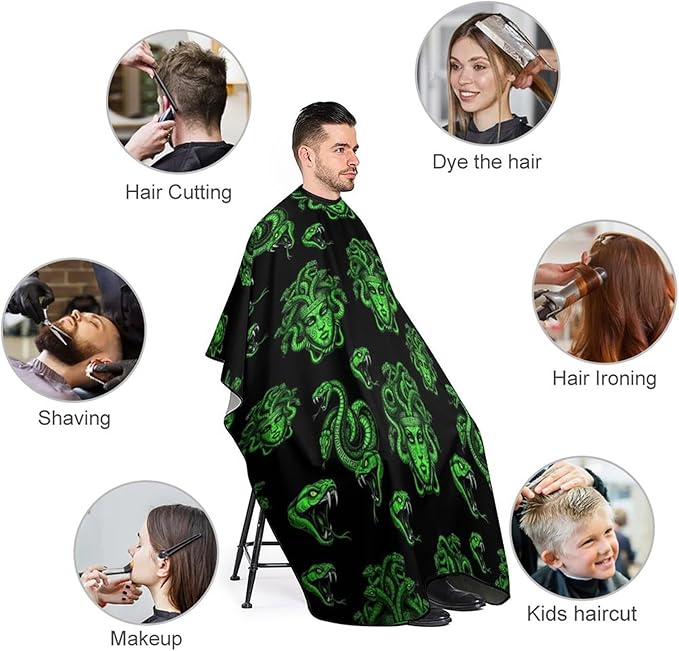 Large Long Professional Barber Cape, Hairdressing Apron Greek Goddess Snake Queen Medusa Green Art Shampoo Cutting Household Capes Wrap for Hair Salon