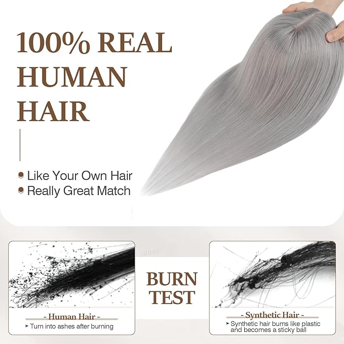 Rich Choices Hair Toppers for Women Real Human Hair 100% Human Remy Toppers NO Bangs for Women with Thinning on Top Clip in Hairpiece 4"x4.7"Lace Base 16 Inch Gray