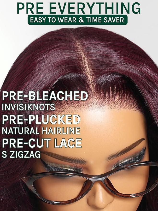 KLAIYI Black Cherry Loose Body Wave Bye Bye Knots Glueless Wig 7x5Precut Lace Front Wigs Human Hair Drawstring Pre Plucked Bleached 30S Ready to Wear and Go Wig with Face Framing Bangs Burgundy 22Inch