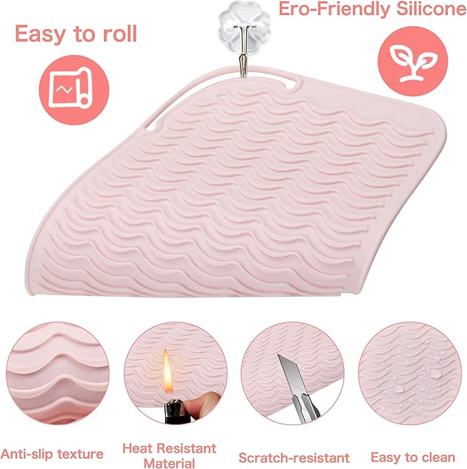 Heysam Heat-Resistant Silicone Mat and Heat Styling Tools Travel Mat Cover for Curling Irons, Hair Straighteners, Flat Iron, Professional Heat-Resistant/Non-Slip Mat for Countertop, 9"x6.5"-Blush