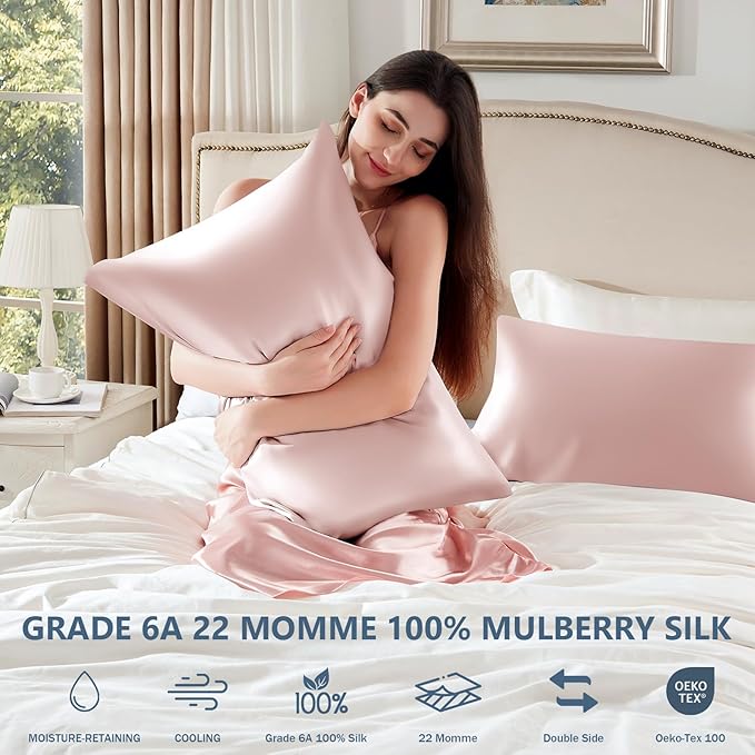 Silk Pillow Cases 2 Pack Standard Size Mulberry Silk Pillowcase Set of 2 for Hair & Skin 26 x 20 Inches 22 Momme Both Sided Grade 6A Silk Soft Breathable Cooling with Hidden Zipper, Pink
